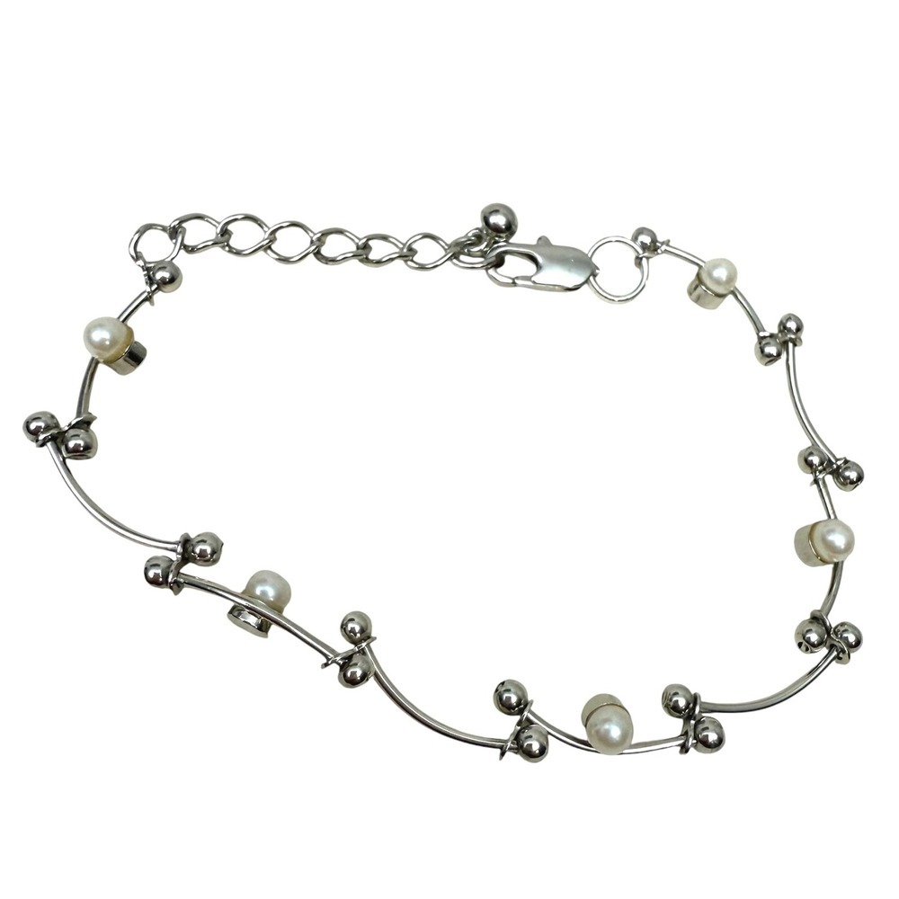 Pearl Rhinestone Accent Silver Tone Bracelet Delicate Fashion Jewelry Size 7.5